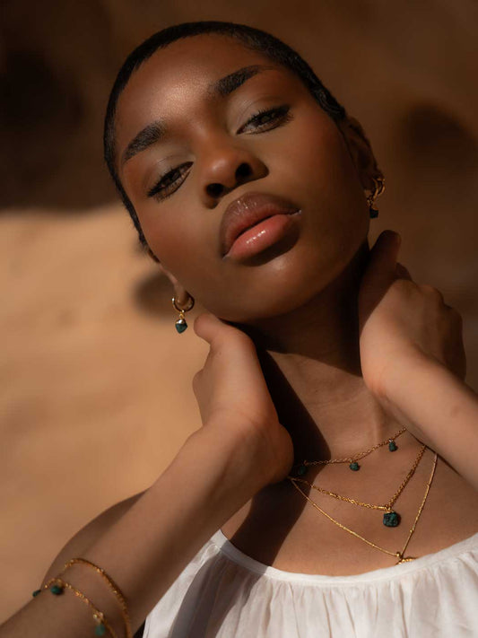 RAW EMERALD GOLD HOOPS ON BODY