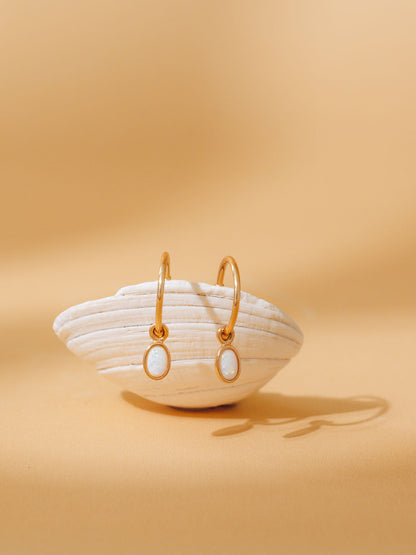 small oval opal pendant on clean gold hoops laying against a white shell