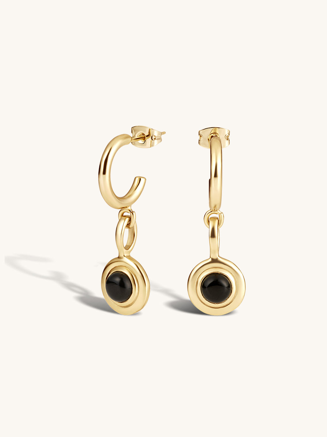 black agate rounded stone set pendant on gold hoop