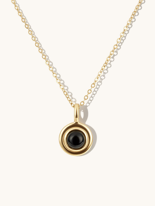 DOMED BLACK AGATE PENDANT ON SIMPLE CHAIN IN GOLD