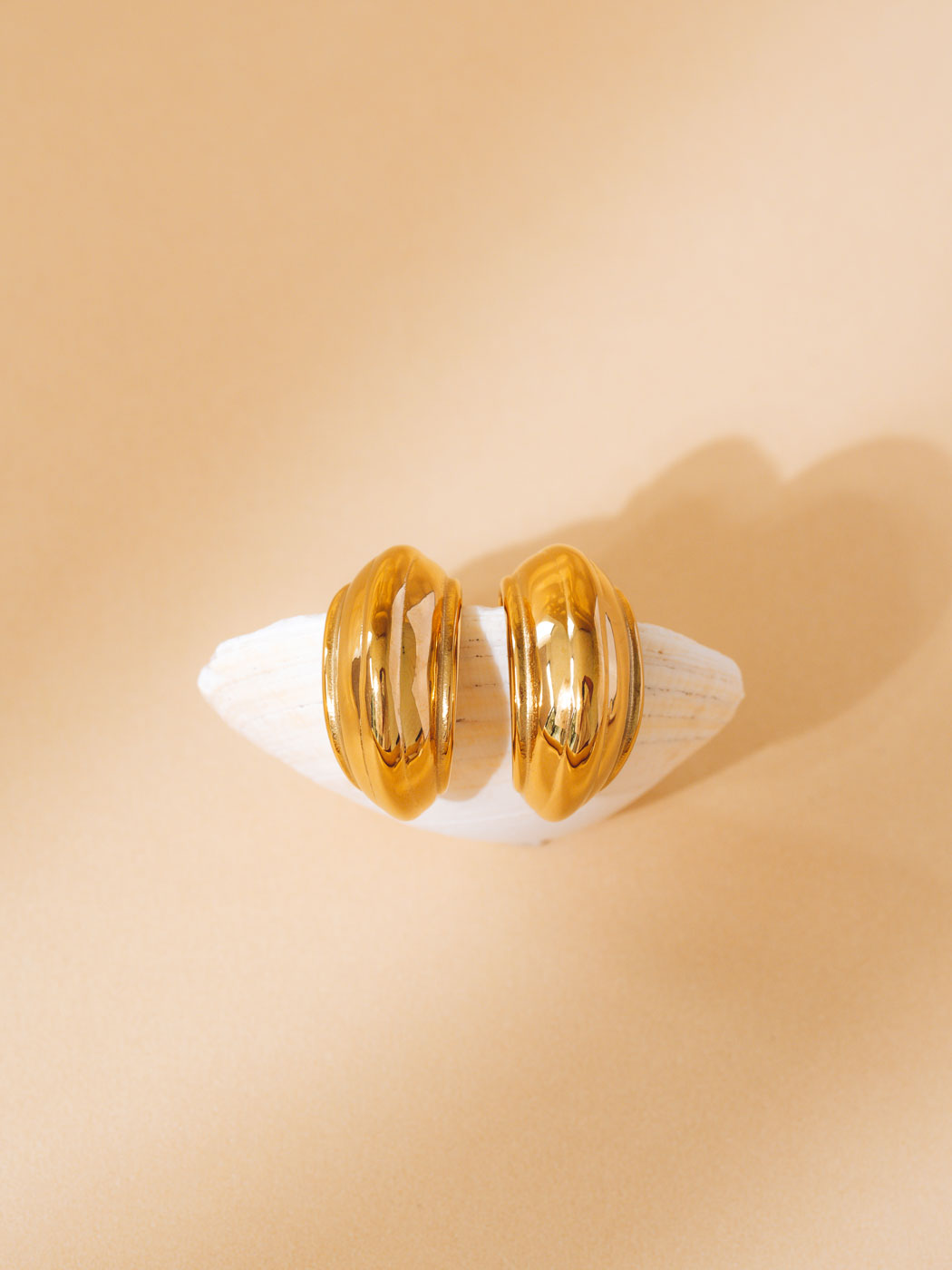 Gold hoop earrings on a white shell against a beige background