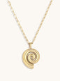 Gold spiral pendant necklace on a white background
