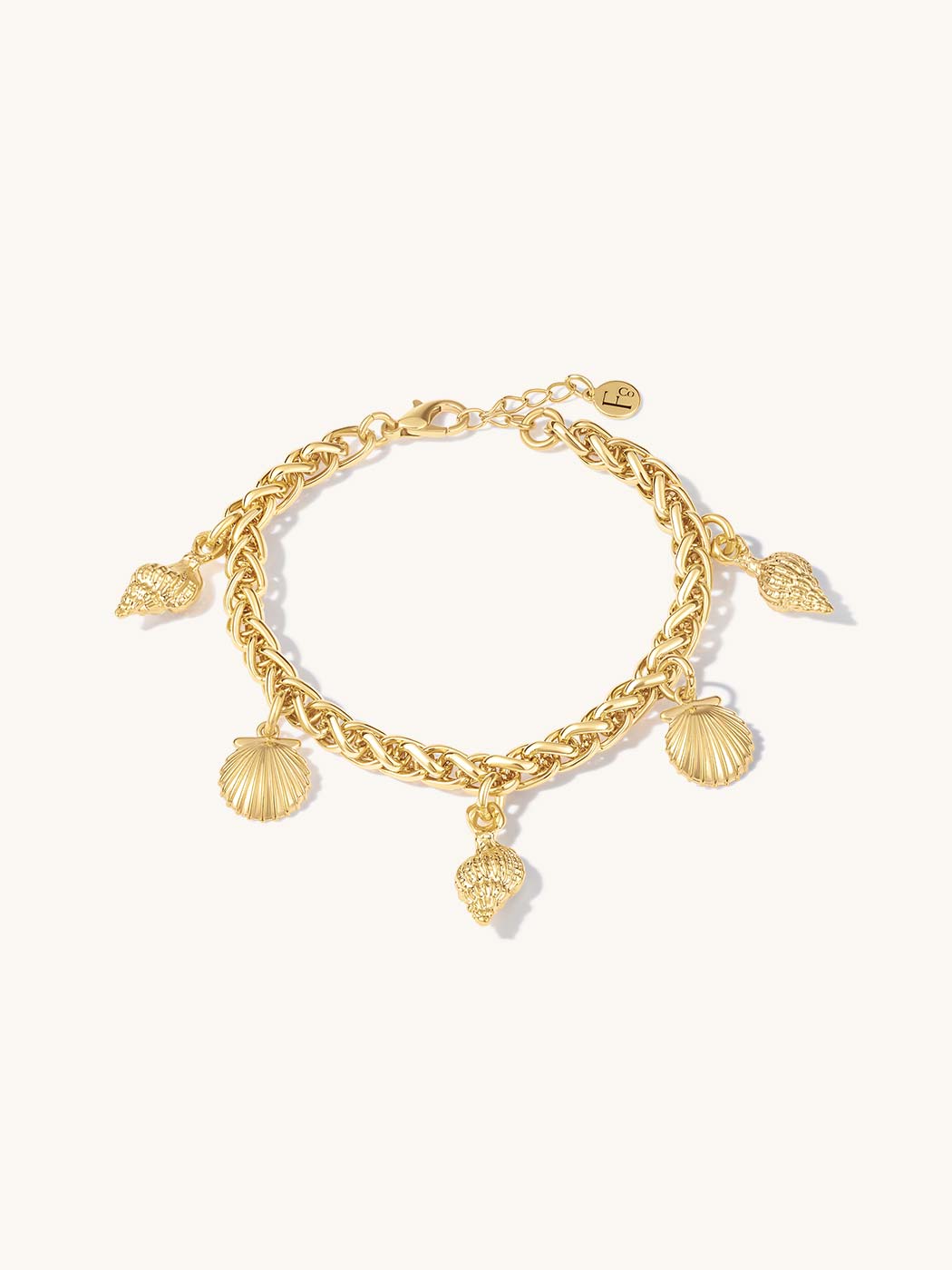 Gold chain bracelet with shell charms on a white background