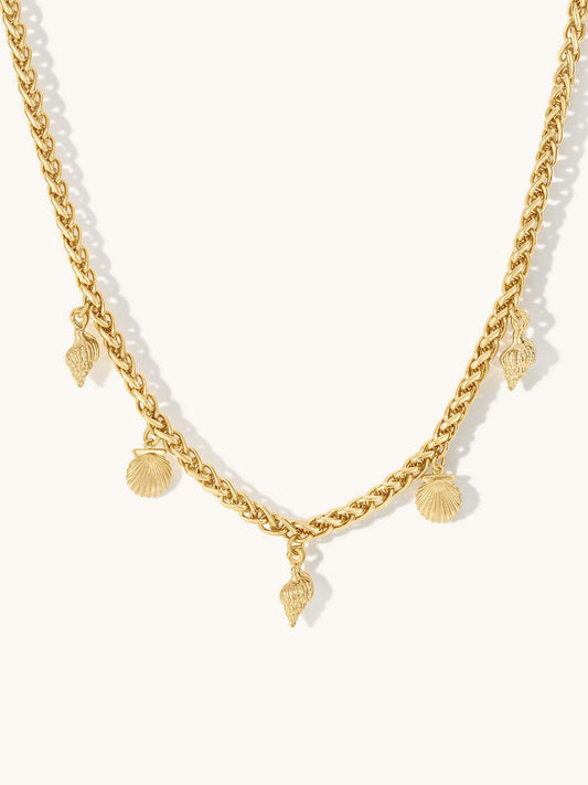 Gold chunky chain necklace with shell pendants on a white background