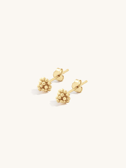 Pair of gold beaded stud earrings on a white background