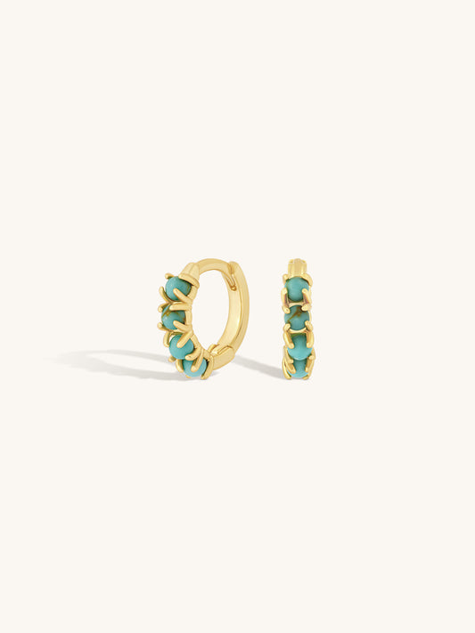 multi turquoise row of stones on gold huggie